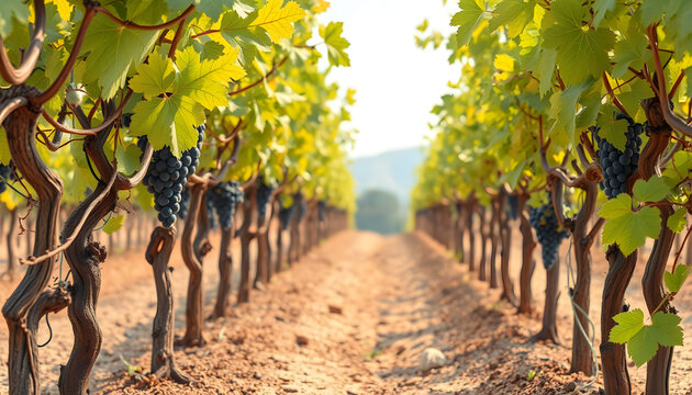 Closeup of parched grapevines in a drought-stricken vineyard plantation, with cracked earth beneath, watercolor illustration, low-poly, with white tones