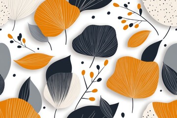 A simple line art illustration of vintage floral wallpaper patterns with clean outlines in muted pastel tones on a white background