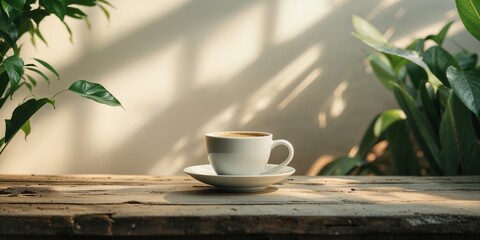 cup of coffee on wooden table with soft shadows from nearby plants in natural light