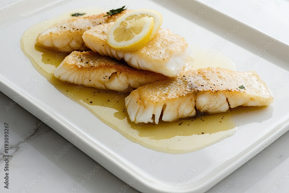 Poster clean and elegant presentation of baked cod with lemon butter sauce arranged on sleek white plate wi