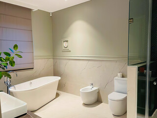 Modern bathroom interior in minimal scandinavian style, 3d render