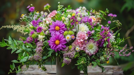 A colorful aster bouquet in a vase, with various shades of purple, pink, and white asters mixed with green foliage.