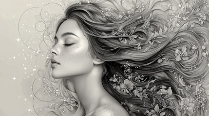 A serene grayscale portrait of a European woman with flowing, detailed hair decorated with floral and leaf elements, gazing softly in profile with closed eyes