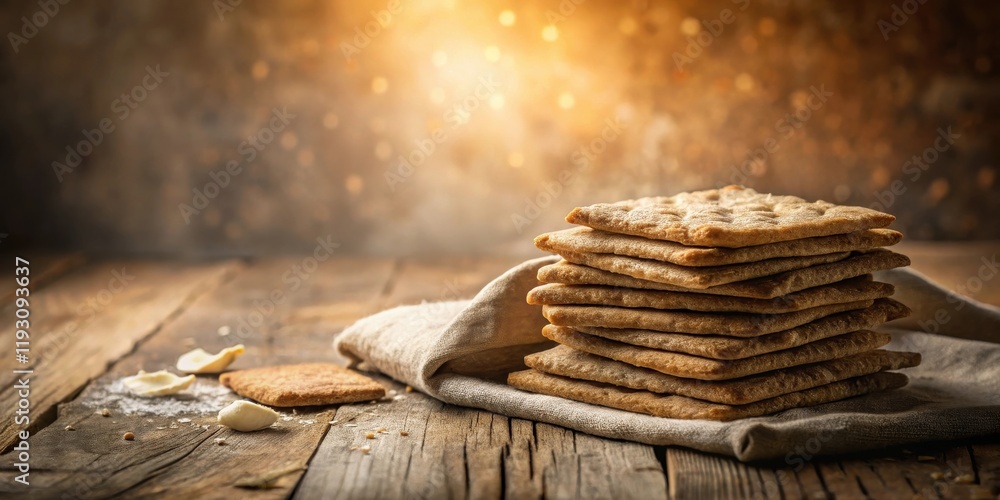 Poster a stack of crispy, whole grain crackers rests on a rustic wooden table, next to a linen cloth and cr