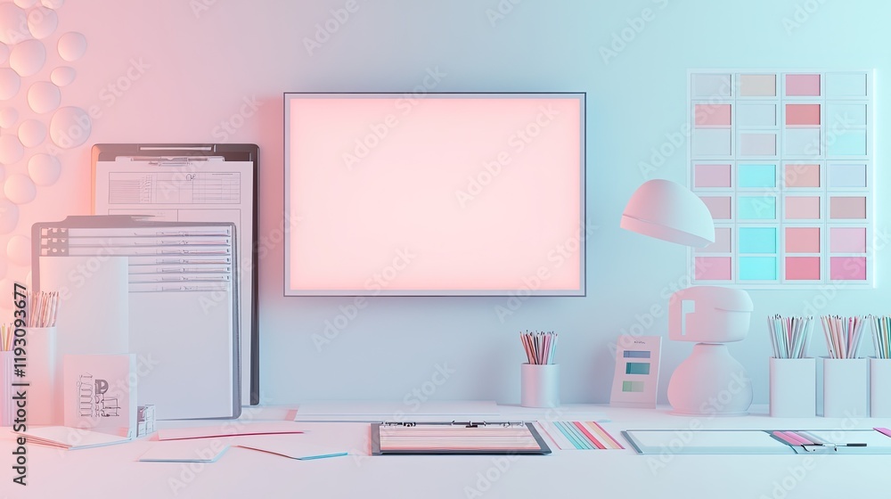 Poster clean and minimalist office setup with detailed project binder color palettes and glowing screen