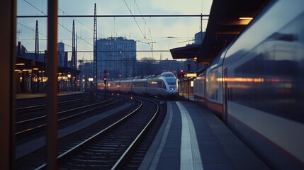 Bullet train zips through European station at dusk, casting a blur on the platform. Industrial backdrop showcases a modern intercity train on the railroad tracks.
