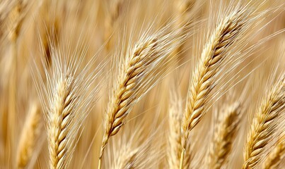 Golden wheat field close-up, ripe ears sway gently in breeze, harvest time, rural landscape, agriculture background