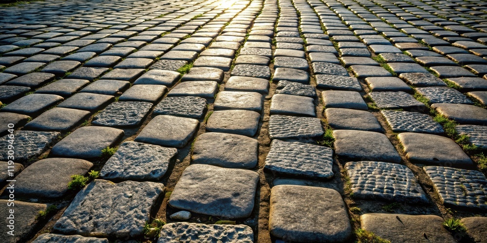 Poster sunlit stone pathway a textured perspective of irregular cobblestones with emerging grass