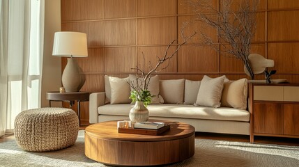 Cozy living room boasts a wooden wall panel, chic sofa, circular coffee table, braided pouf, brown sideboard, vase adorned with a branch, beige lamp, and meaningful personal touches.