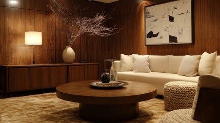Cozy living room boasts a wooden wall panel, chic sofa, circular coffee table, braided pouf, brown sideboard, vase adorned with a branch, beige lamp, and meaningful personal touches.