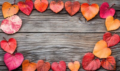 Fototapeta premium Heart-shaped autumn leaves frame on rustic wood background, copy space for fall themes