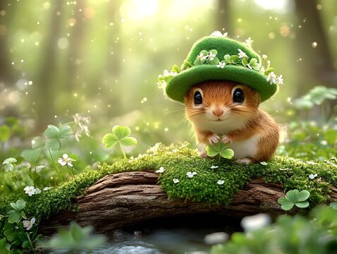 St. Patrick's Day. Cartoon cute moouse in green hat leprechaun
