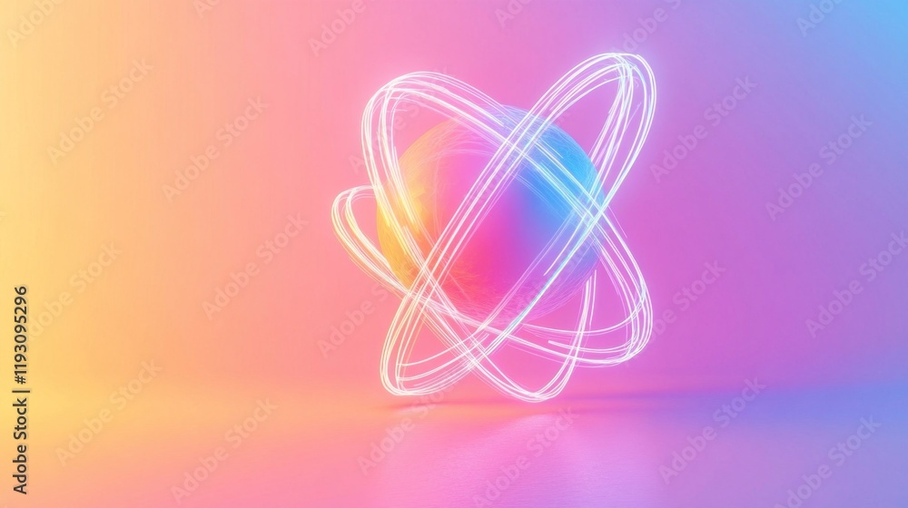 Poster neon light swirling around colorful sphere creating a futuristic atom model on gradient background
