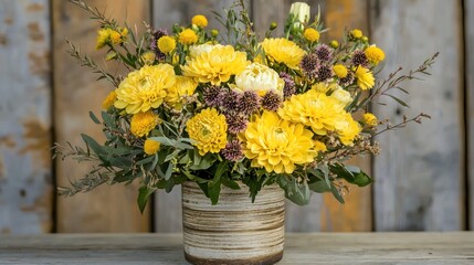 A bouquet of bright yellow aster flowers arranged with other fresh flowers in a rustic vase.
