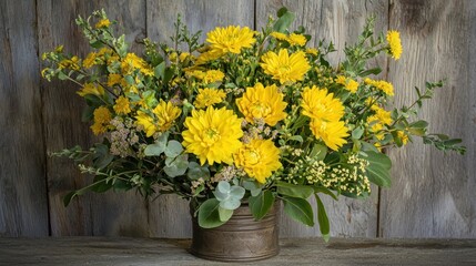 A bouquet of bright yellow aster flowers arranged with other fresh flowers in a rustic vase.