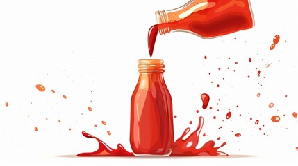 Pouring Tasty Red Ketchup from Glass Bottle Isolated on White Background