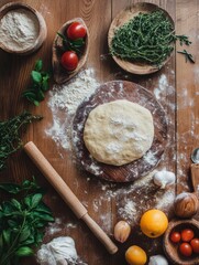 Fototapeta premium Fresh ingredients and rustic charm create a cozy kitchen atmosphere for preparing homemade dishes with dough. Generative AI