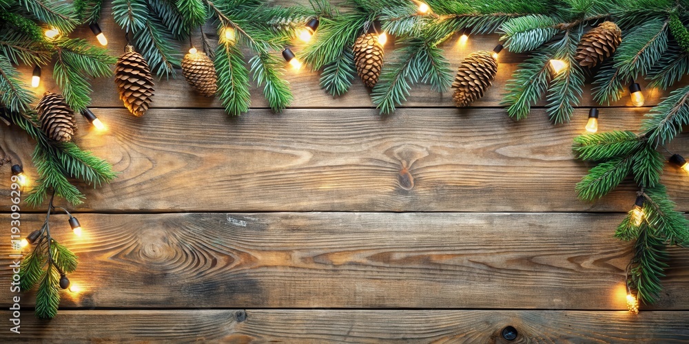Poster rustic wooden background with evergreen branches, pine cones, and warm string lights for holiday des