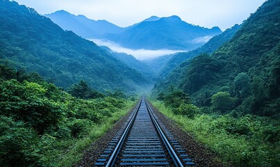 Fototapeta premium Misty mountain railway track disappearing into forested valley at dawn