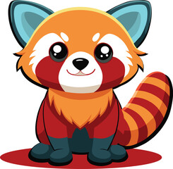Cute red panda sitting, smiling brightly  big eyes, bright, fresh orange background.Vector pattern.