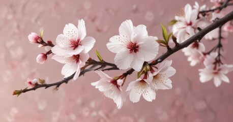 A bare branch with white sakura flowers and leaves against a soft pink background, cherry blossoms branch, spring blooms, nature in focus