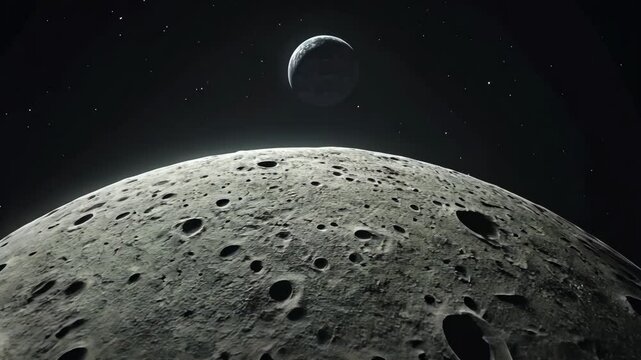 View of a cratered lunar surface with a distant planet overhead in deep space