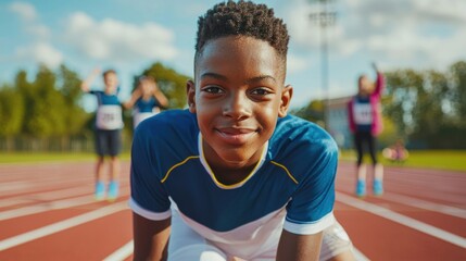 Fototapeta premium A student athlete in a school uniform preparing for a track event, with classmates cheering in the background.