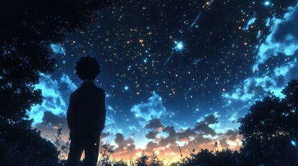 Very detailed, realistic, a man is staring at the night sky full of beautiful stars and comets 