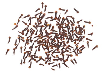 Dry cloves pile, Syzygium aromaticum, isolated on white, top view
