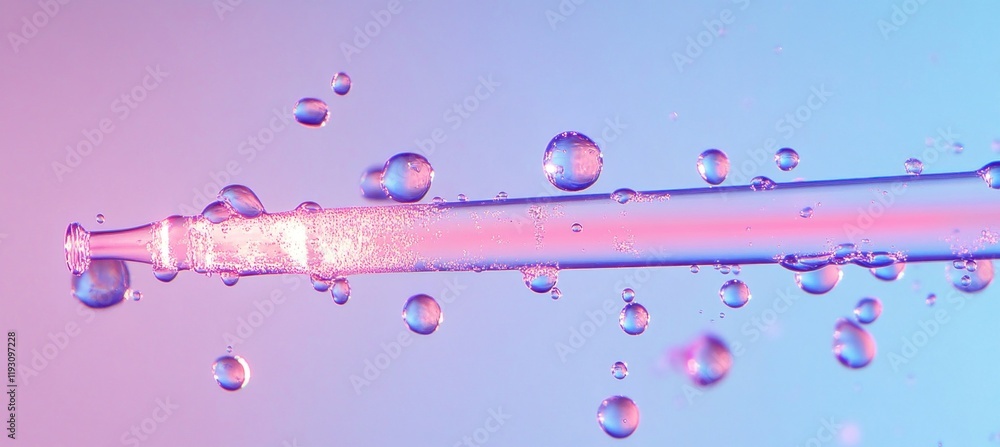Poster pipette releasing drops of liquid creating bubbles on gradient background