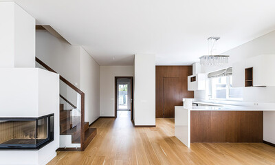 Modern luxury kitchen interior in minimal scandinavian style, 3d render