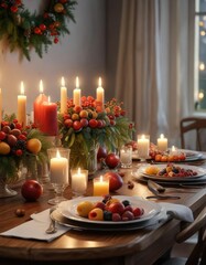 Obraz premium A beautifully decorated Christmas table with candles and fruit, cozy home, holiday season, fruit arrangement