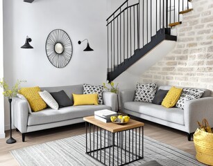 Chic and inviting living space adorned with grey sofas.