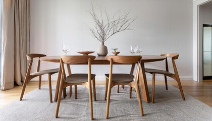 A minimalist dining room with a wooden oval table, four matching chairs, a light gray rug, and simple table decor