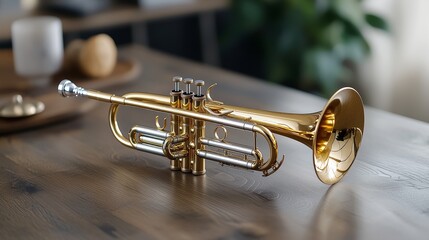 Obraz premium Brass Trumpet on a Table