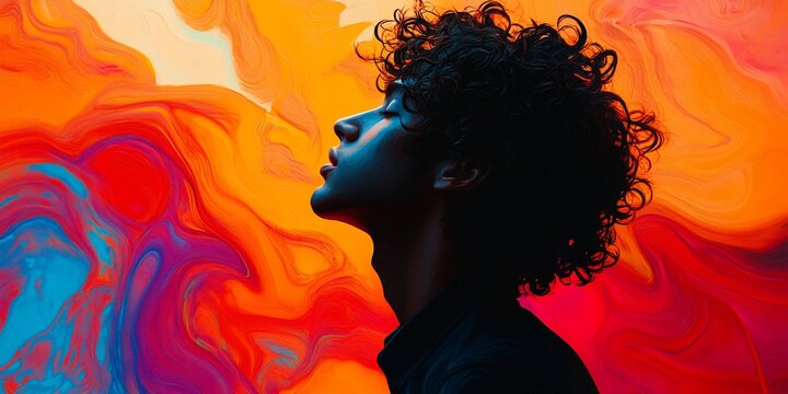 Young man, colorful swirls, profile view, artistic, music album cover - Powered by Adobe