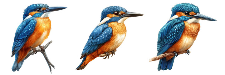 Three Vibrant Kingfishers, perched on thin branches, bright blue and orange plumage, white background. Isolated on white background or PNG