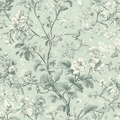 Delicate Seamless Toile de Jouy Pattern with Floral Motifs in Green