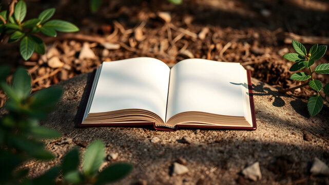 Open book with blank pages for text on natural background. Empty book mockup.	