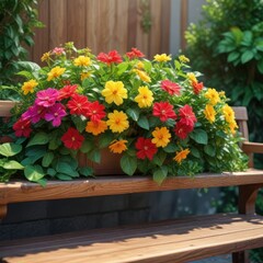 A beautiful sunlit plant with vibrant flowers and lush green leaves on a wooden bench, wooden bench, flower garland, outdoor decoration