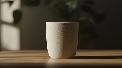 A minimalist white ceramic pot on a wooden table, softly illuminated by warm sunlight.