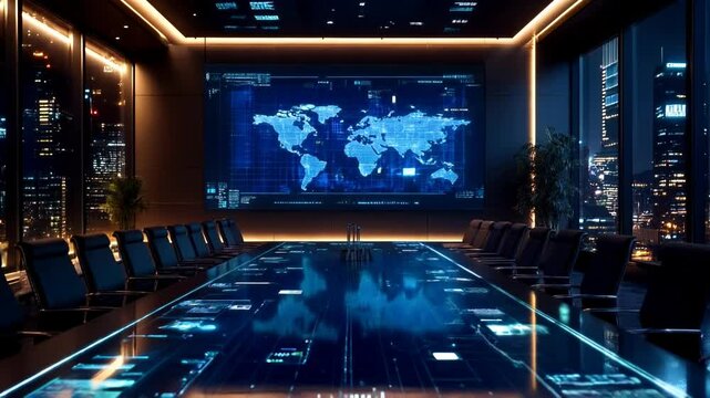 Futuristic Conference Room with Global Network Display