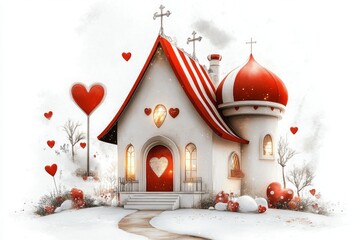 Fototapeta premium A whimsical drawing of a brightly lit Vegas wedding chapel, surrounded by heart-shaped decorations, on a crisp white background