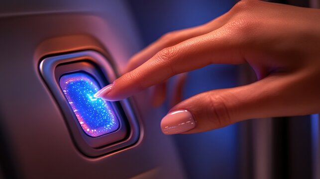Woman's finger scans futuristic blue biometric device