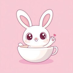 Fototapeta premium Cute bunny in teacup, waving, pink background, children's illustration