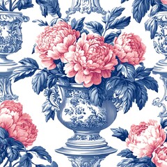 Ornate Urn Pattern with Pink Flowers in Classic Toile Design