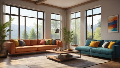 Fototapeta premium A living room with a large window, comfortable furniture and a coffee table, home decor, living room, simple