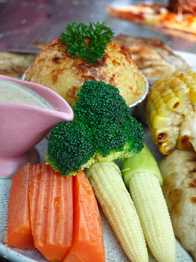 Poster boiled vegetable and mashed potatoes  with steak