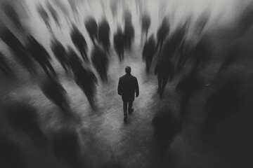 a static man standing in motion blur crowd