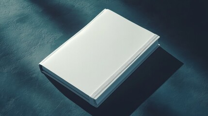 White notebook with elastic closure, textured cover, diagonally placed mockup. Empty organizer isolated on a shadowy background, perfect for design or branding purposes.